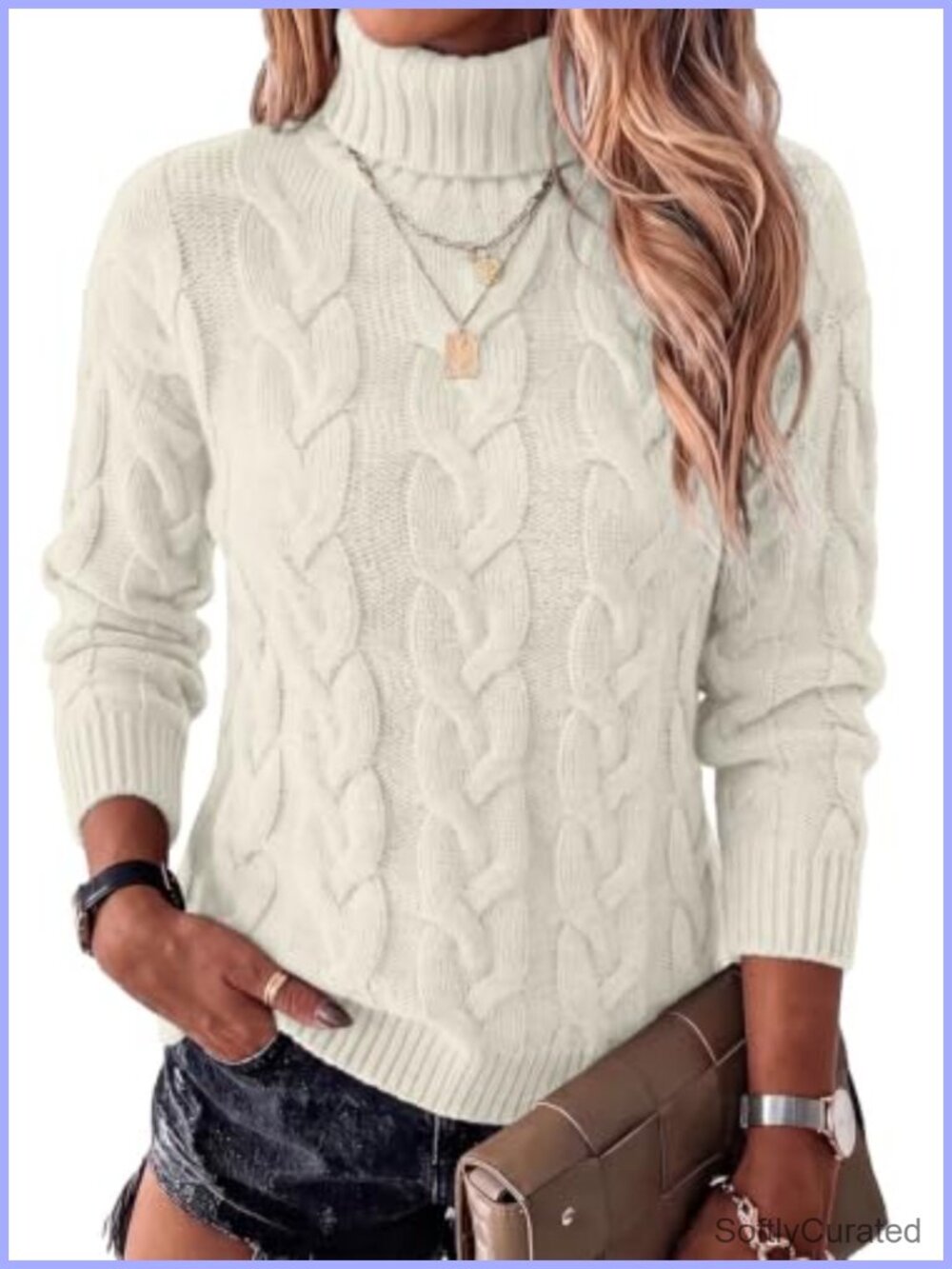Cable Knit Turtleneck Pullover Sweater Long Sleeve Relaxed Fit